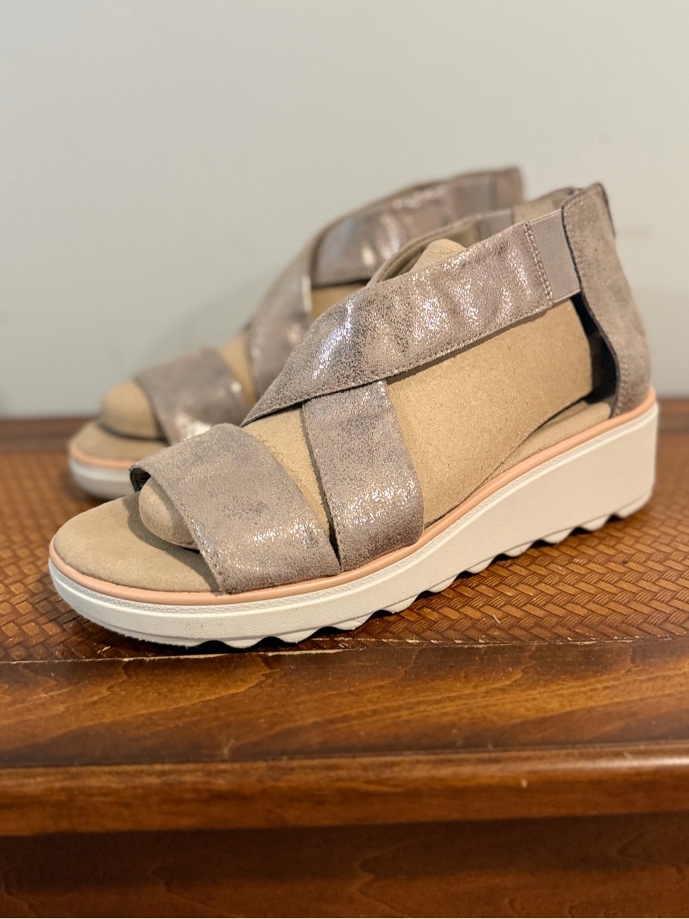Clarks Shimmery Taupe Cross-Strap Wedge Sandals